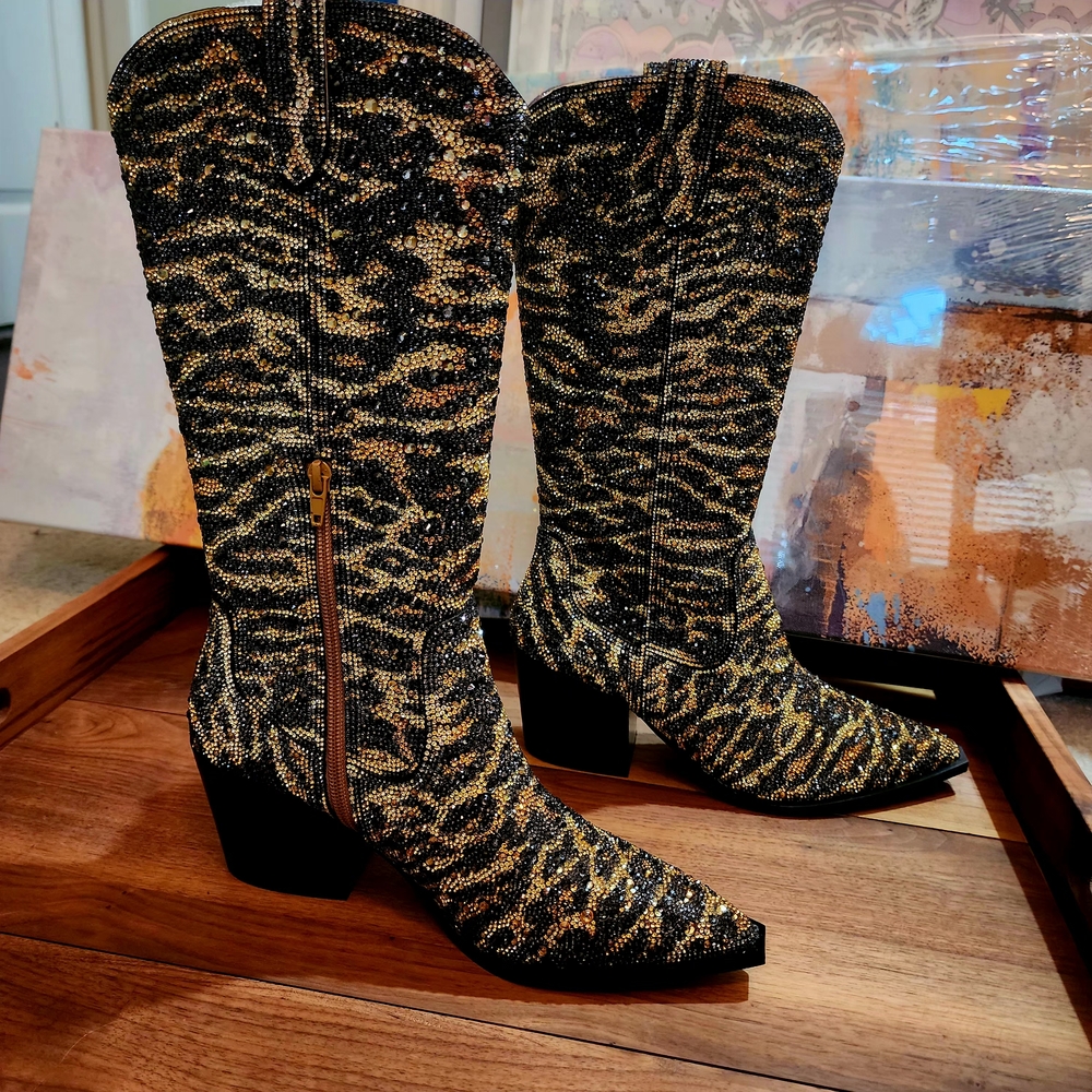 Women's Beaded Tiger Print Boots By Betsey Johnson